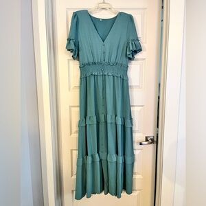 Teal Tiered Spring Maxi Dress with Ruffle Sleeves